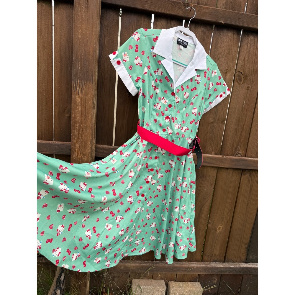 Unique Vintage x Hello Kitty Mint Green Swing Dress Retro Sanrio Midi Belted M - Picture 4 of 10
